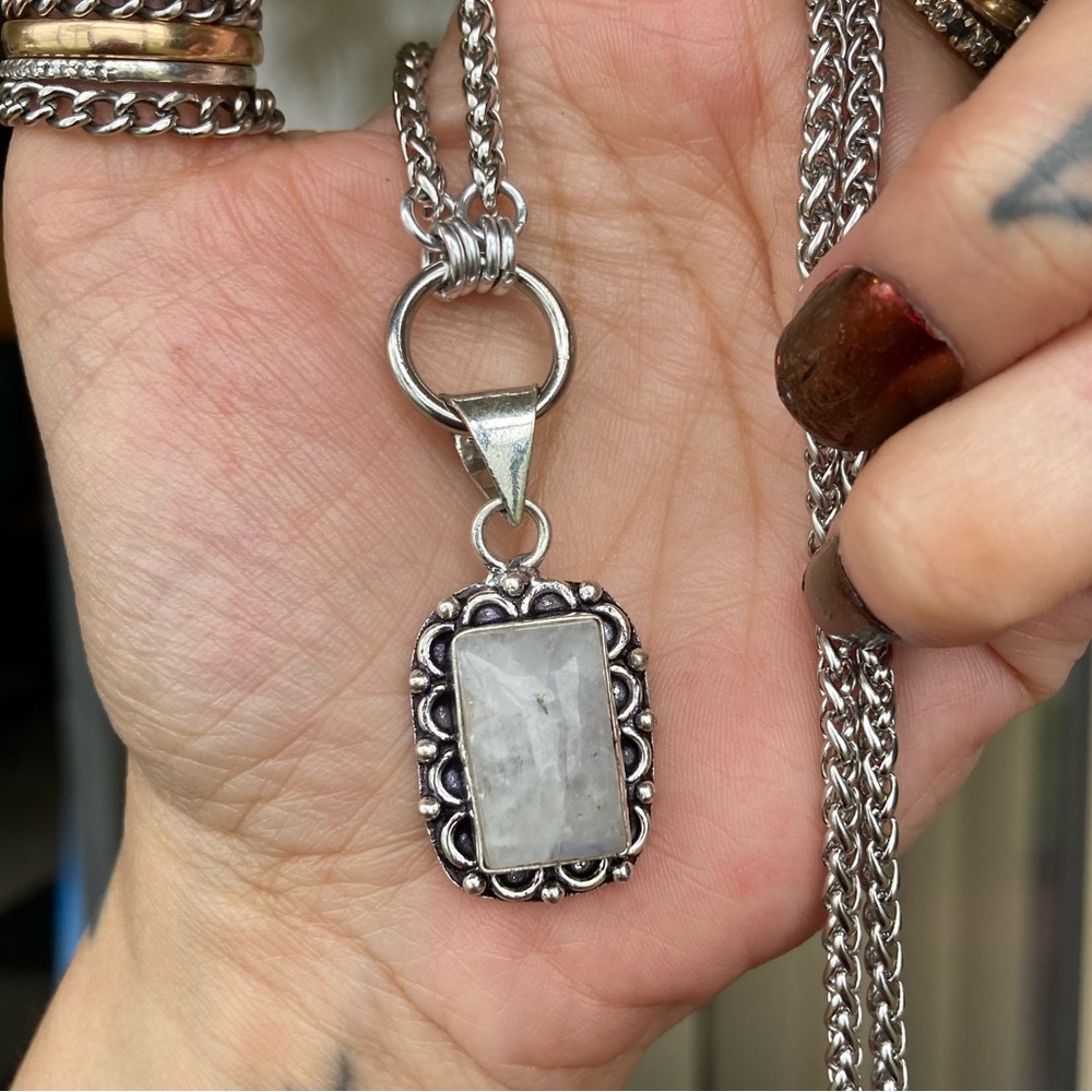 925 sterling silver overlay White quartz gemstone charm boho stone necklace . - Picture 10 of 16
